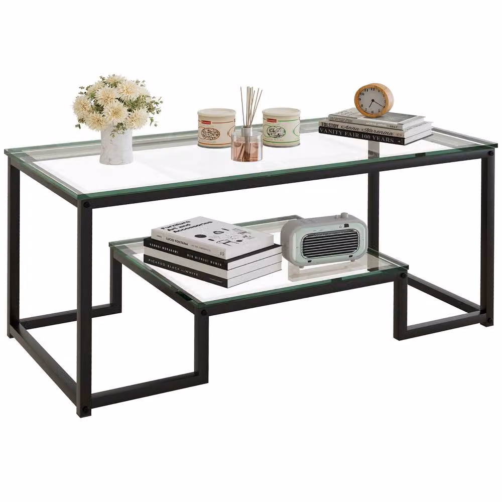 Huhote Modern Rectangular 2-Tier Coffee Table with Glass Top and Black Metal Frame, W/D/H: 100 x 47.75 x 45.2 cm – 2