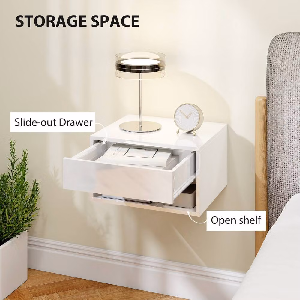 STILVORA Set of 2 Glossy White Wall Mounted Floating Bedside Tables with Drawer and Shelf – 3