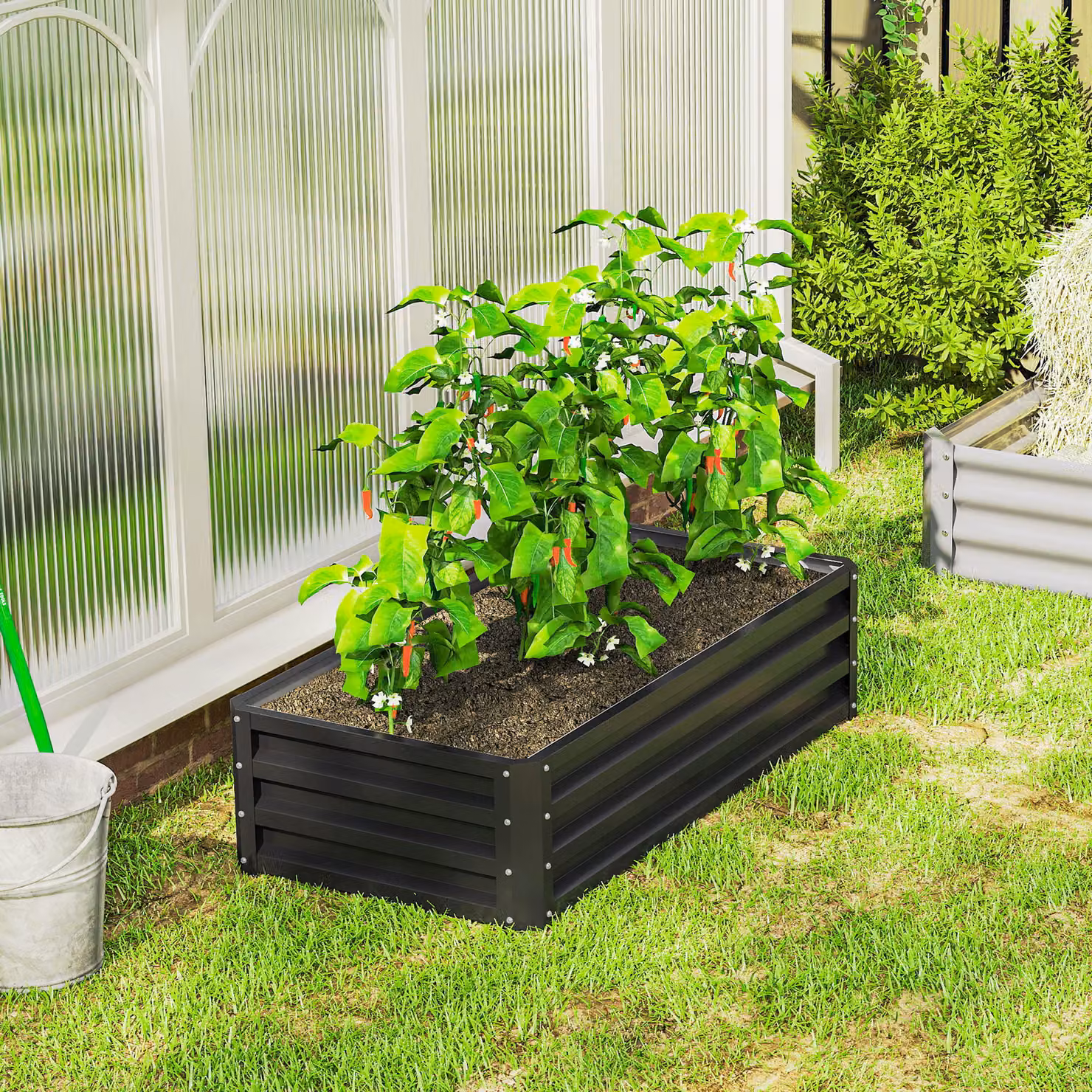 Outsunny Galvanised Steel Raised Garden Bed for Herbs and Vegetables, Grey, W/D/H: 60 x 60 x 30.5 cm – 7