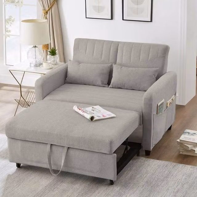 Merax 2-Seater Pull-Out Sofa Bed in Grey with Fabric Upholstery and Scatter Cushions, W: 112 cm, H: 59 cm, D: 59 cm