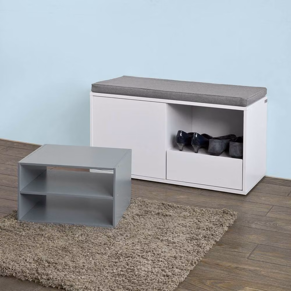 SoBuy Modern White and Grey Entrance Bench with Fabric Cushion and Shoe Rack Storage – 2