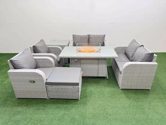 Fimous 7 Seater Rattan Garden Furniture Set with Reclining Love Sofa, Firepit Dining Table, Footstool and Side Table in Light Grey