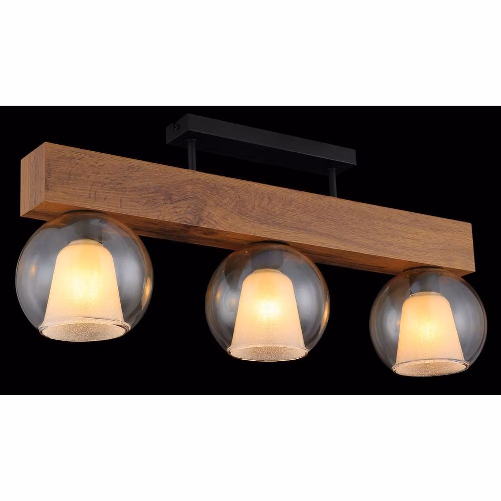 Netlighting Barry I Ceiling Spotlight Bar in Black and Wood with Amber Glass Shades for 3x E27 Bulbs – 4