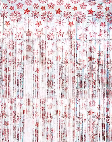 Netagon Red Shimmer Tinsel Curtain with Snowflake Design, W: 100 cm, H: 200 cm