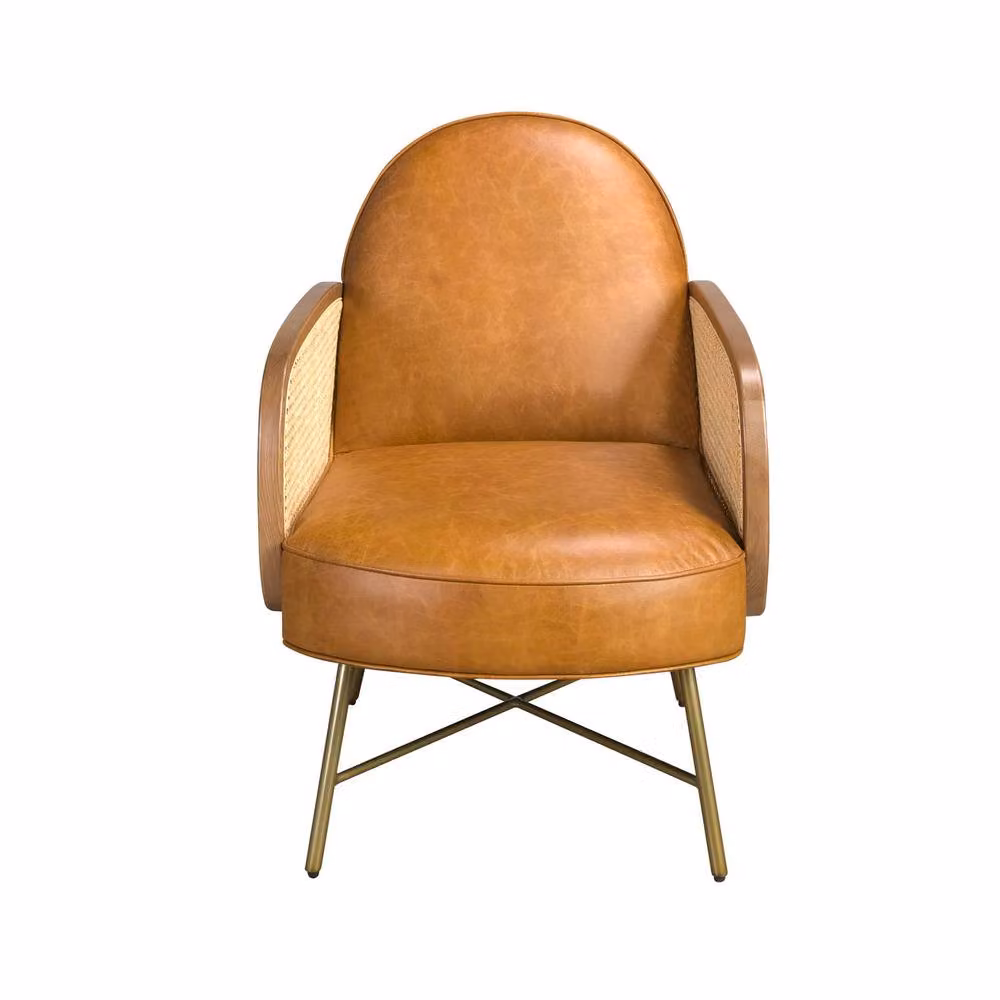 Angel Cerda Brown Leather Tub Armchair with Rattan and Gold Metal Details – 2