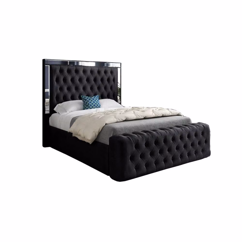 KDMD Redesdale Mirror Upholstered Designer Bed Frame in Black Soft Velvet, Super King, 200 x 200 cm – 2
