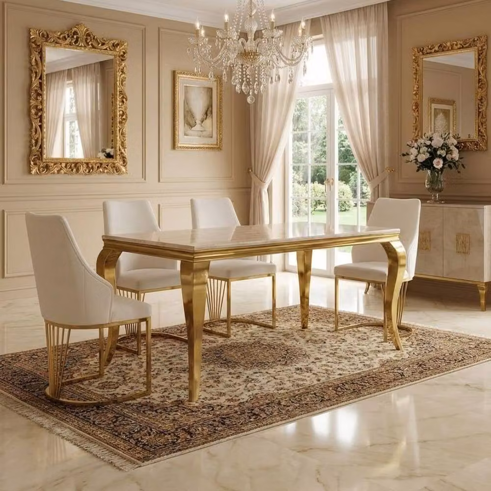 HOME LUXE INTERIOR Sofia Rectangular Marble Dining Table and 4 Lasco Fabric Chairs in Cream and Gold – 2