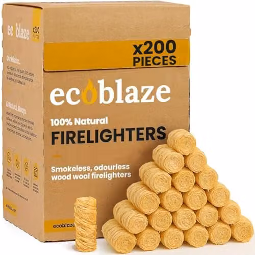 Ecoblaze Natural Brown Firelighters, 200 Pack for Wood Burners, BBQ Ovens, Stoves and Fireplaces