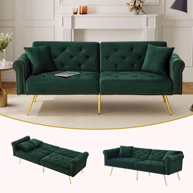 BTM Green Velvet 2-Seater Click Clack Sofa Bed with Adjustable Headrest and Gold Metal Feet, W/D/H: 150 x 87 cm