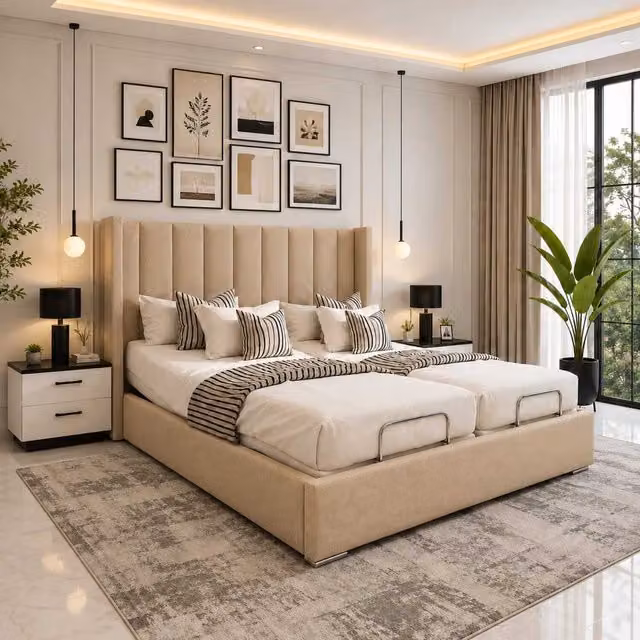 Swan Electric Adjustable Bed with Foam Mattress, Upholstered Headboard and Wireless Remote in Beige, Silver or Yellow