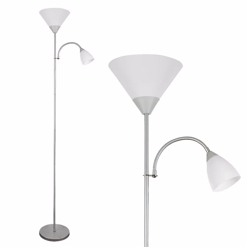 ValueLights Moz Mother and Child Uplighter Floor Lamp with Adjustable Side Lamp in Metallic Silver – 2