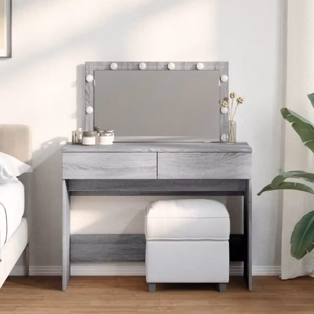 Berkfield Home Grey Sonoma Dressing Table with Hollywood LED Mirror W/D/H: 100 x 40 x 120 cm – 1