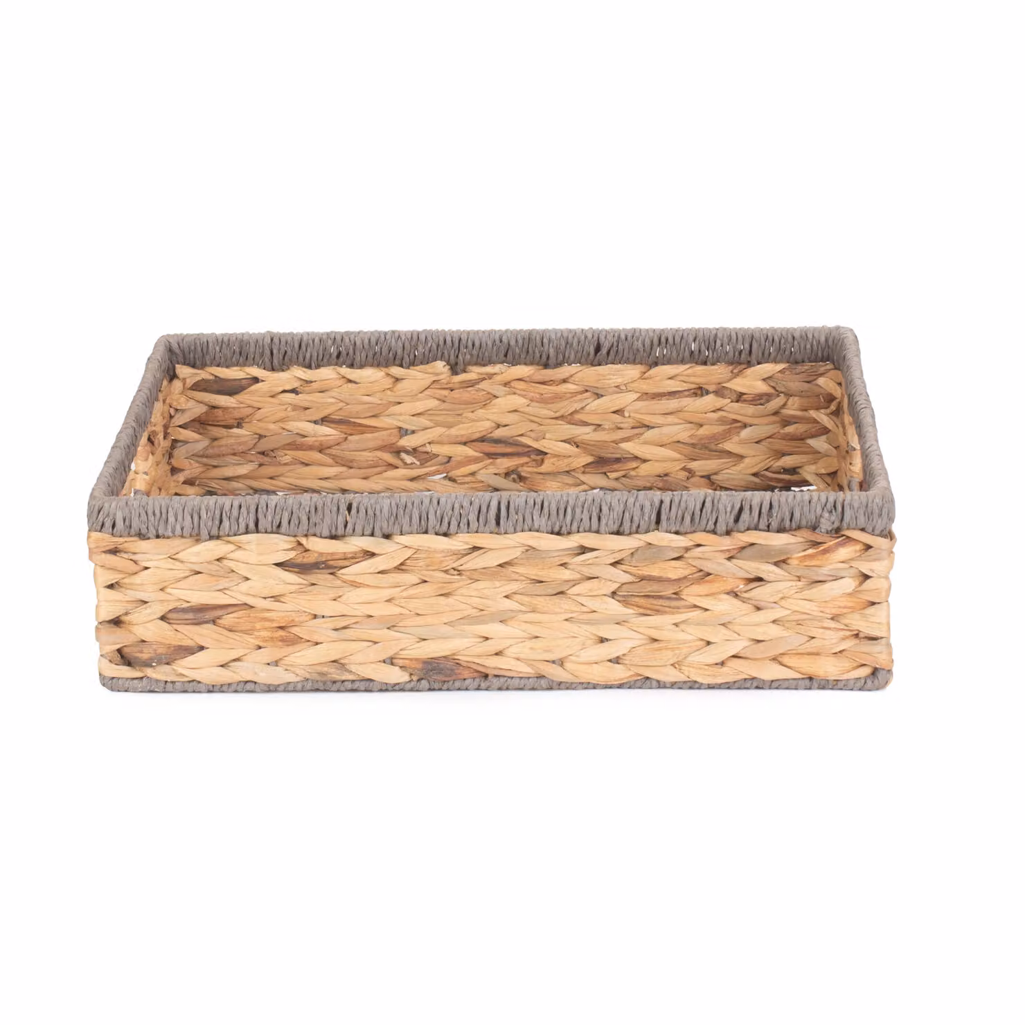 Red Hamper Shallow Rectangular Water Hyacinth Storage Basket with Grey Rope Border in Brown, Width: 34 cm – 2