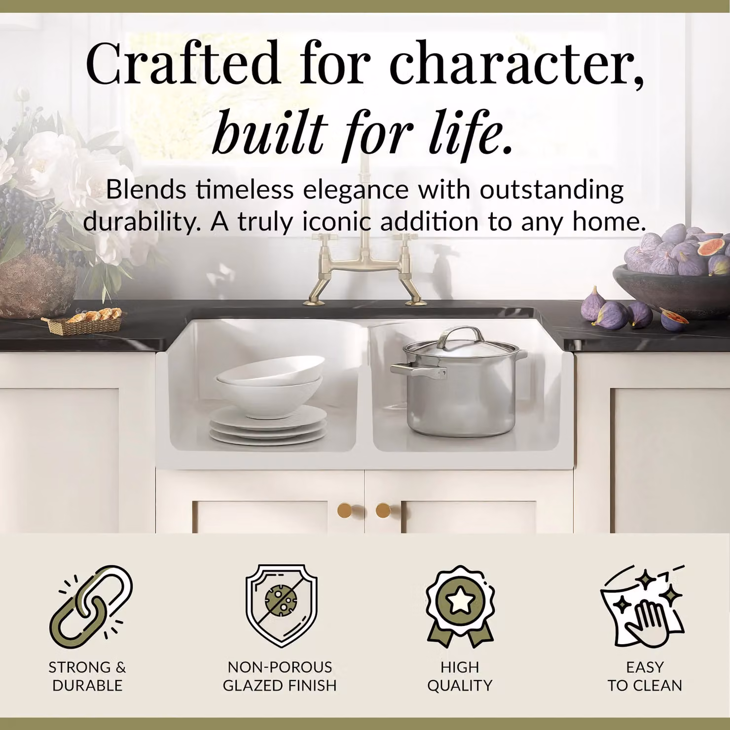 Balterley White Ceramic 2 Bowl Stepped Weir Butler Sink with Wastes and Tap, W: 79.5 cm – 2