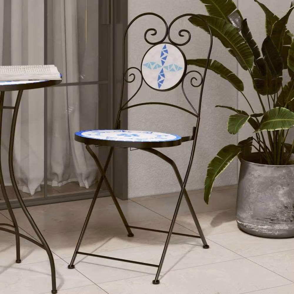 Berkfield Home Set of 2 Foldable Bistro Chairs in Blue and White Geometric Ceramic and Metal – 2
