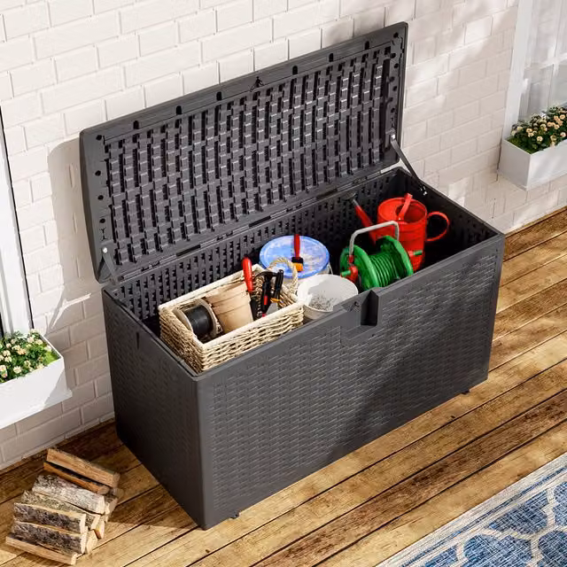 Livingandhome Black Rattan Style Plastic Outdoor Garden Storage Deck Box