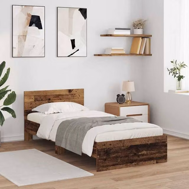 Berkfield Home Modern Bed Frame with Headboard and Under-Bed Lighting, Brown Engineered Wood, W: 100 cm, L: 200 cm