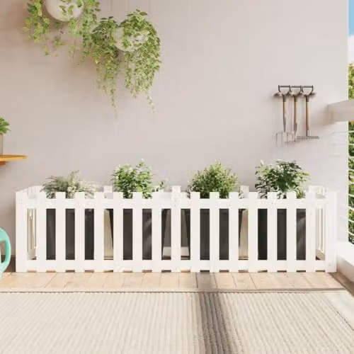 vidaXL Wooden Garden Raised Bed with Fence Design, White, W: 200 cm, D: 50 cm, H: 50 cm – 2