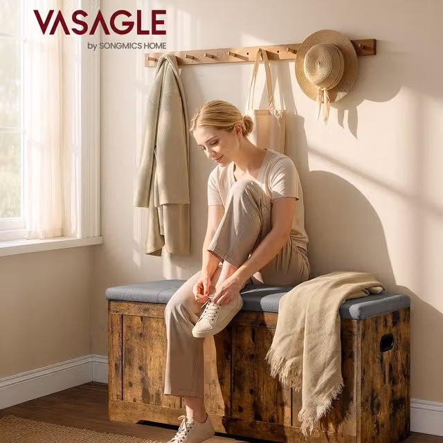 VASAGLE Rustic Brown Storage Chest with Padded Top and Lid, W/D/H: 101 x 41 x 49 cm