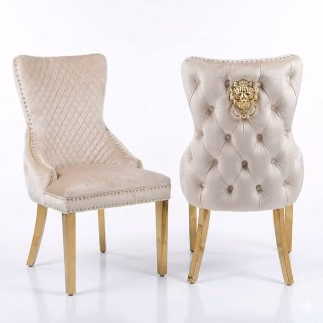 Home Luxe Interior Set of 2 Mink Victoria Dining Chairs in Beige Velvet with Gold Metal Legs