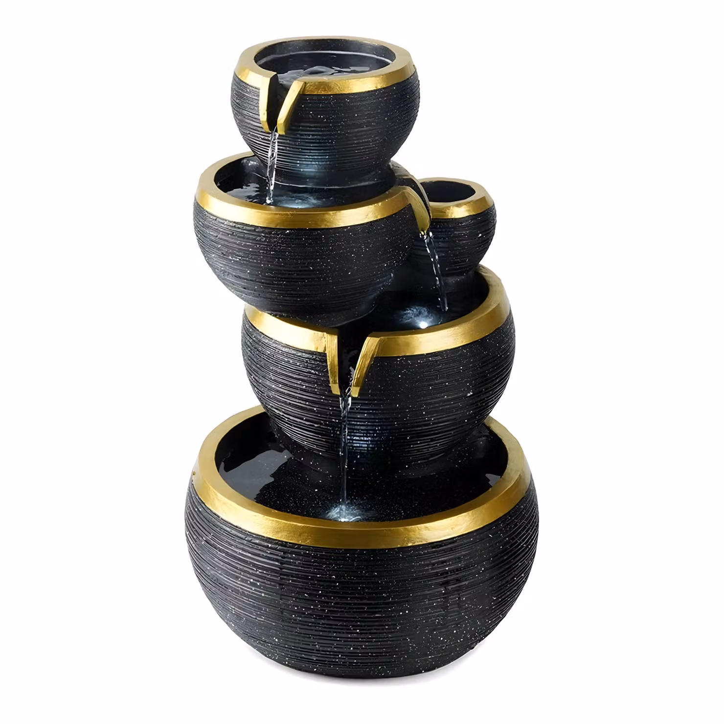 Primrose Solar Powered 3 Tier Stacked Bowls Water Feature Cascade with LED Lights, Black and Gold, Height: 46 cm – 4