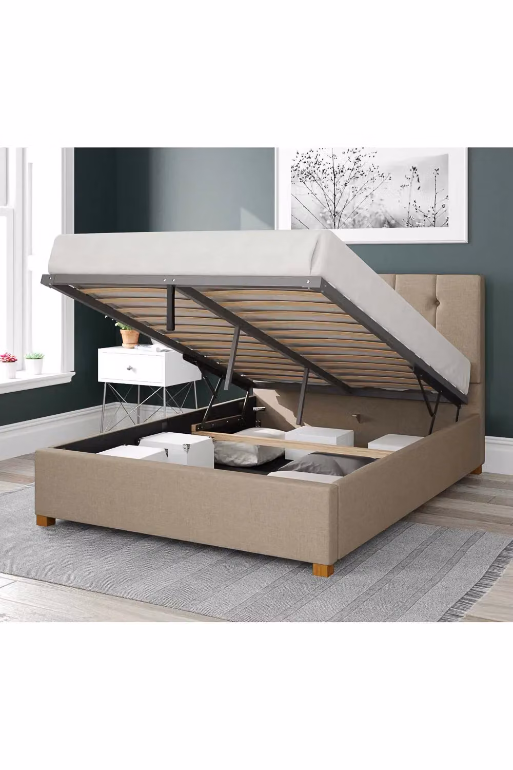 Aspire Hepburn Upholstered Ottoman Storage Bed in Natural Eire Linen Fabric, Super King, W/D/H: 200 x 200 cm – 2