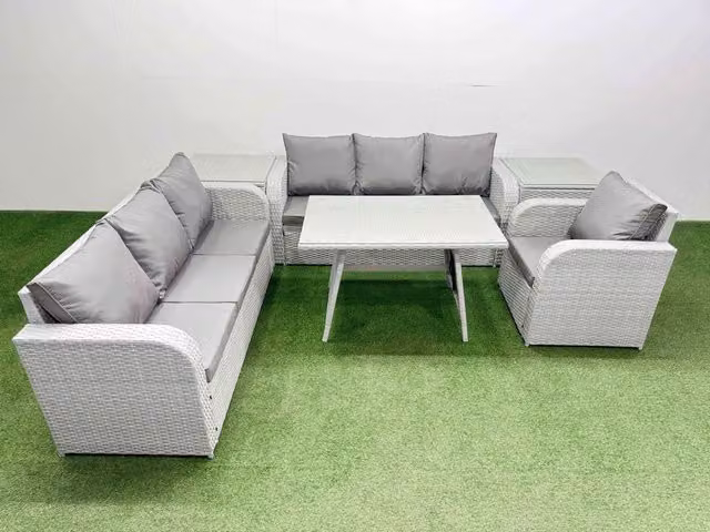 Fimous 6 Piece L-Shape Outdoor Rattan Garden Furniture Set in Light Grey with Upholstered Cushions and Coffee Table