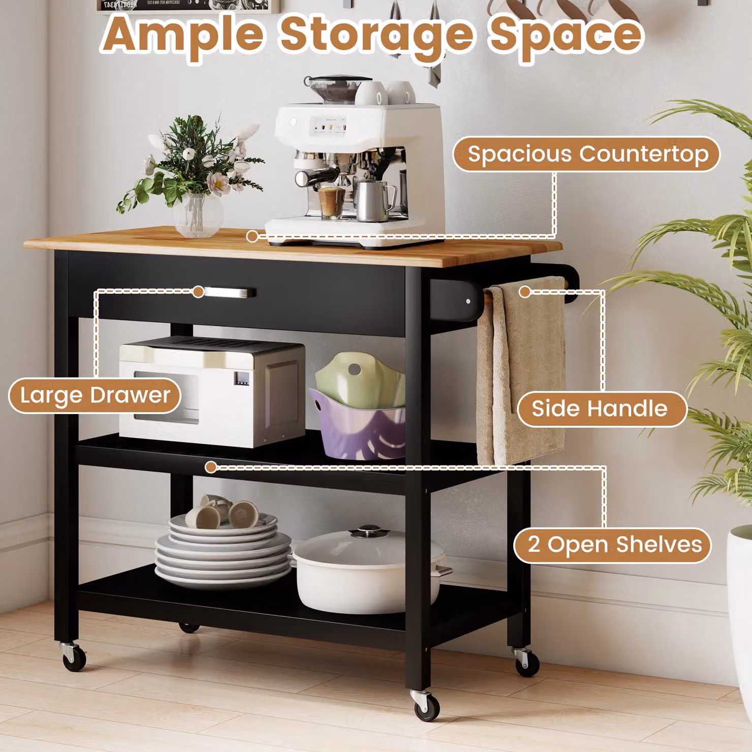 Costway 3-Tier Rolling Kitchen Island Utility Cart with Wood Countertop in Black – 6