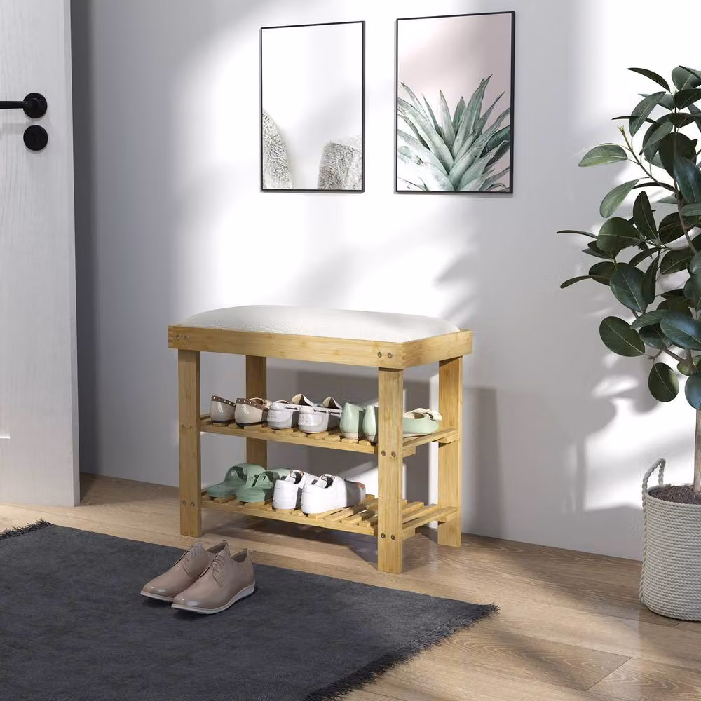 ERGOVEXA Bamboo 3-Tier Shoe Bench with Fabric Cushion Seat in White – 5