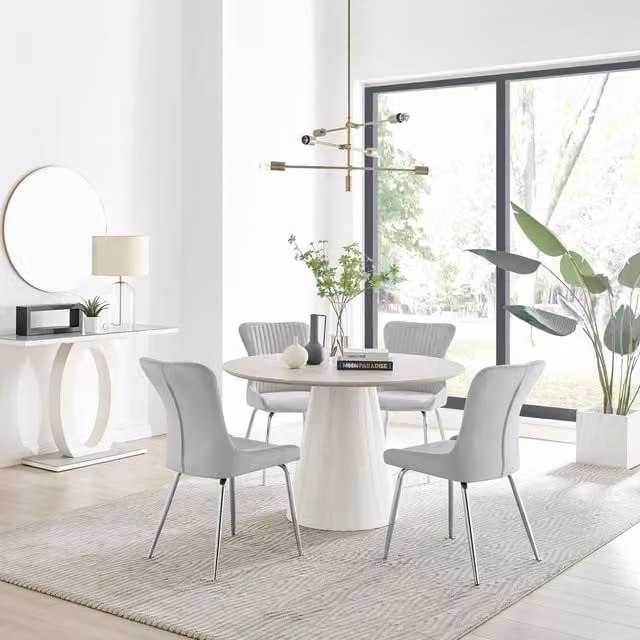 Furniturebox Palma Beige Stone Effect Round Dining Table and 4 Nora Silver Leg Chairs in Light Grey