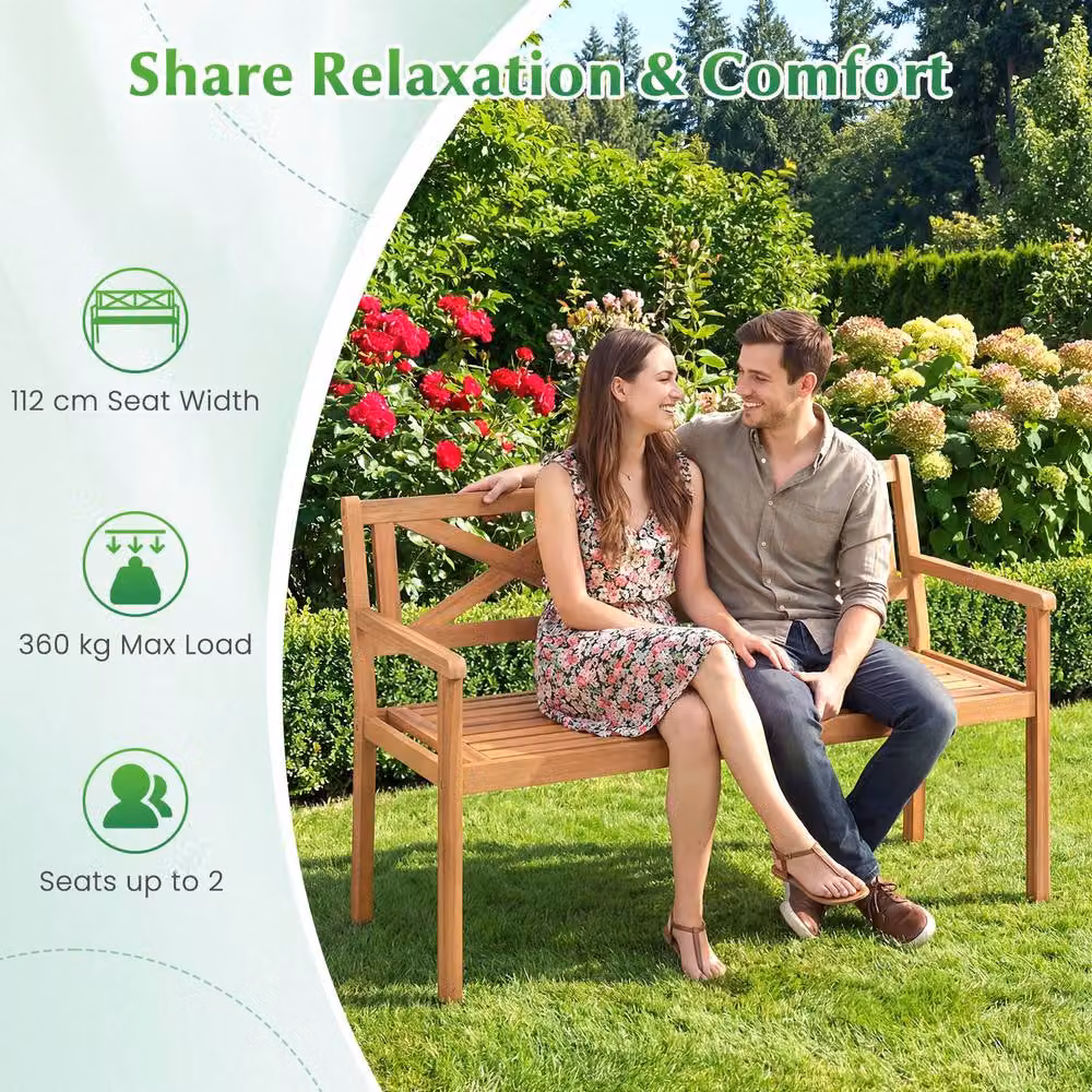 Costway Acacia Wood Outdoor Loveseat Bench for 2 People in Brown – 5