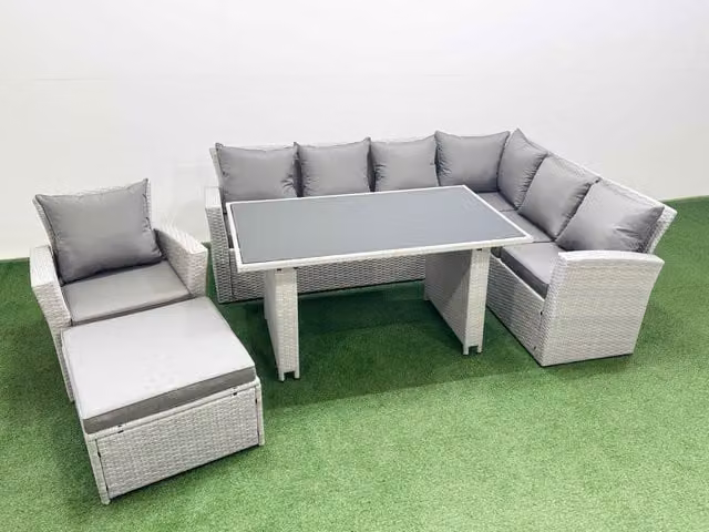 Fimous 8 Seater Wicker Rattan Corner Sofa Garden Furniture Set in Light Grey