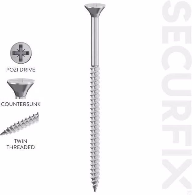 Securfix Pozidriv Twin Thread Countersunk Galvanised Steel Screws in Silver, Pack of 100