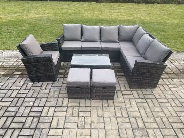 Fimous Dark Grey Rattan Corner Sofa Set with Armchair, Coffee Table and 2 Footstools for Garden and Terrace