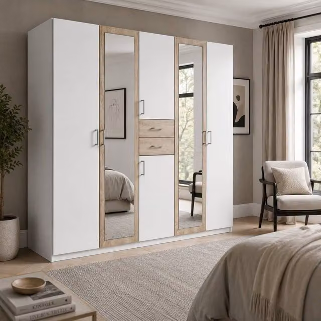KDMD Greenwich Oak 5 Door Wardrobe with Mirrors and Integrated Drawers in White, H 225 cm x W 225 cm x D 58 cm