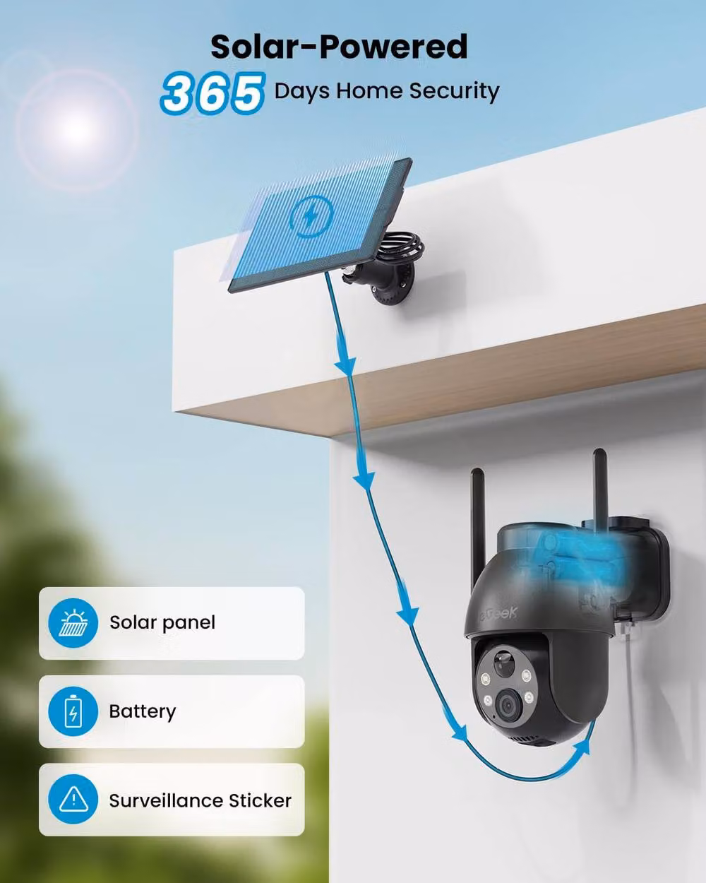 iegeek Black 2K 360° Solar Security Camera with Night Vision, PIR and 2-Way Audio – 2