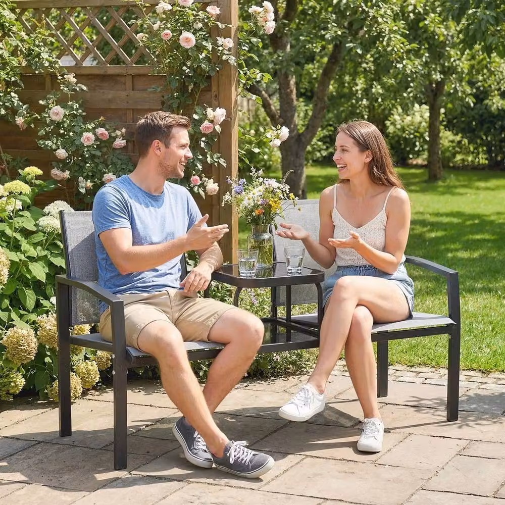 VOGREX Grey Garden Love Seat with 2-Tier Table, 2 Seater W/D/H: 135 x 67 x 81 cm – 3