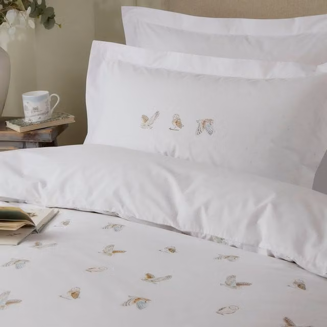Sophie Allport Snowy Owls Reversible Cotton Pillowcase in White