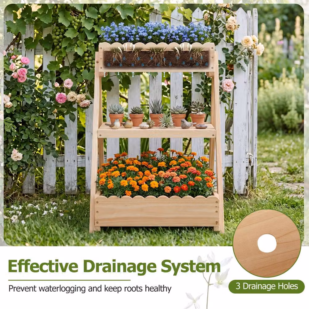 Costway 3-Tier Wooden Raised Garden Bed with 3 Planter Boxes in Natural Brown – 5