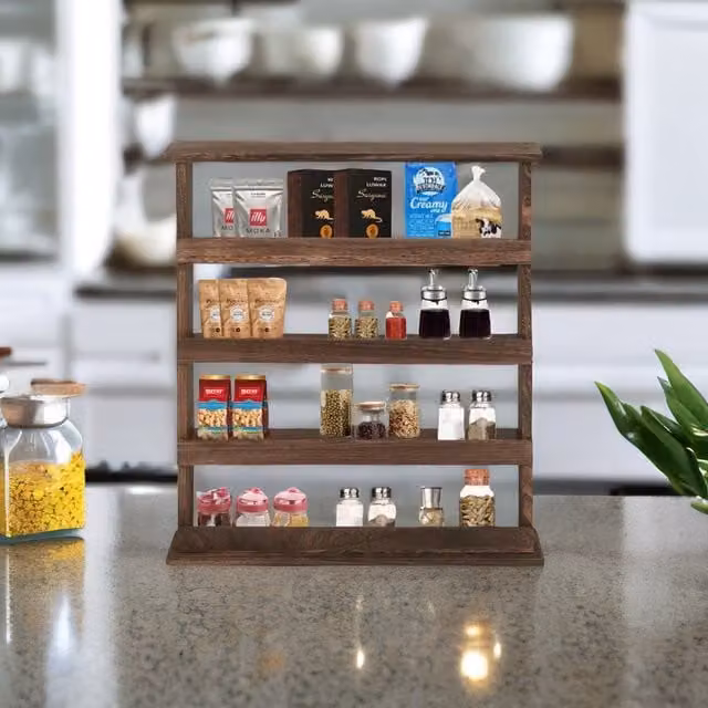 Pirlo Plush 5 Tier Rustic Wooden Spice Rack in Brown, Wall Mounted or Countertop Kitchen Organiser