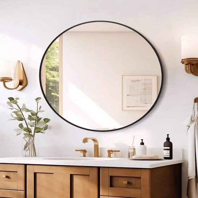 London Boutique Modern Round Wall Mirror in Black, Diameter: 50.8 cm