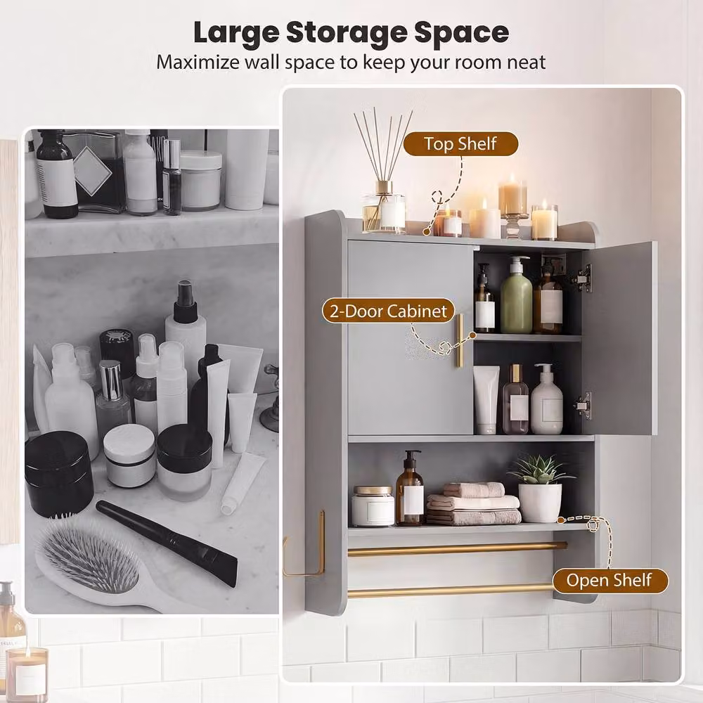 Costway Modern Wall Mounted Grey Bathroom Medicine Cabinet with Mirror and Internal Shelves – 3