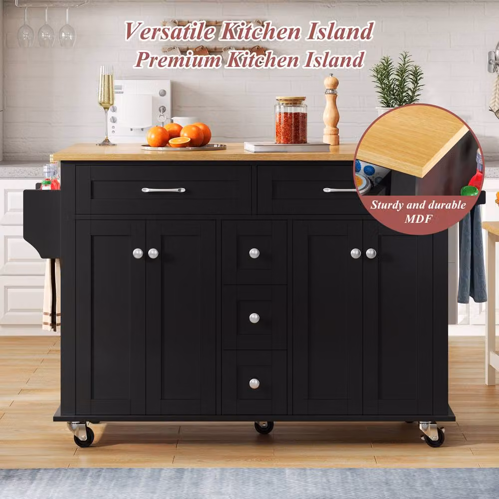 Merax Kitchen Island Trolley with Cabinet, Foldable Countertop and 5 Drawers, Black, W/D/H: 120 x 40 x 89 cm – 5