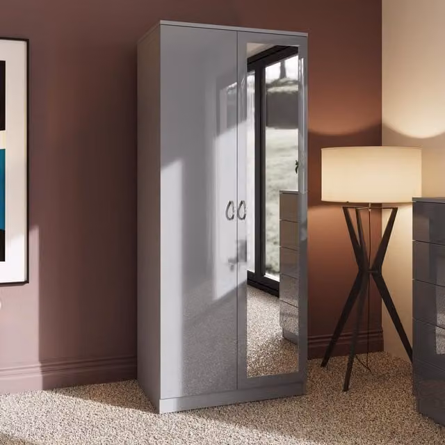 FWStyle Modern Grey Gloss 2 Door Mirrored Double Wardrobe with Internal Shelves and Hanging Rod