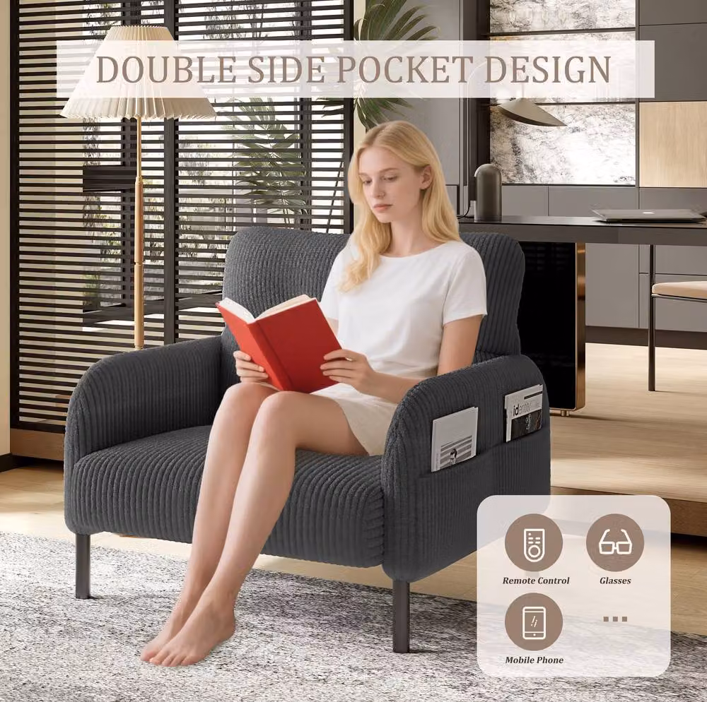 STILVORA Modern Grey Corduroy Single Chair with Side Pockets and Solid Wood Frame – 5