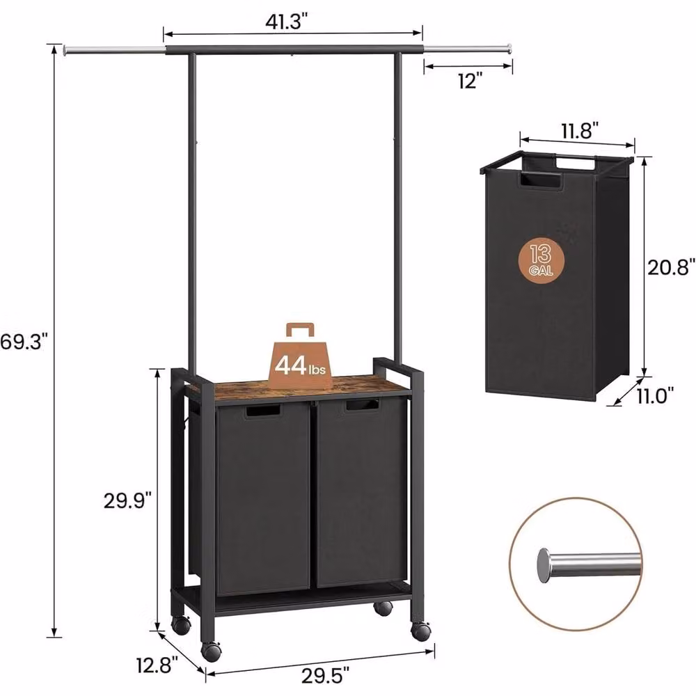 Nordara 2-Section Laundry Sorter with Hanging Bar, Removable Bags and Wheels, Black – 2