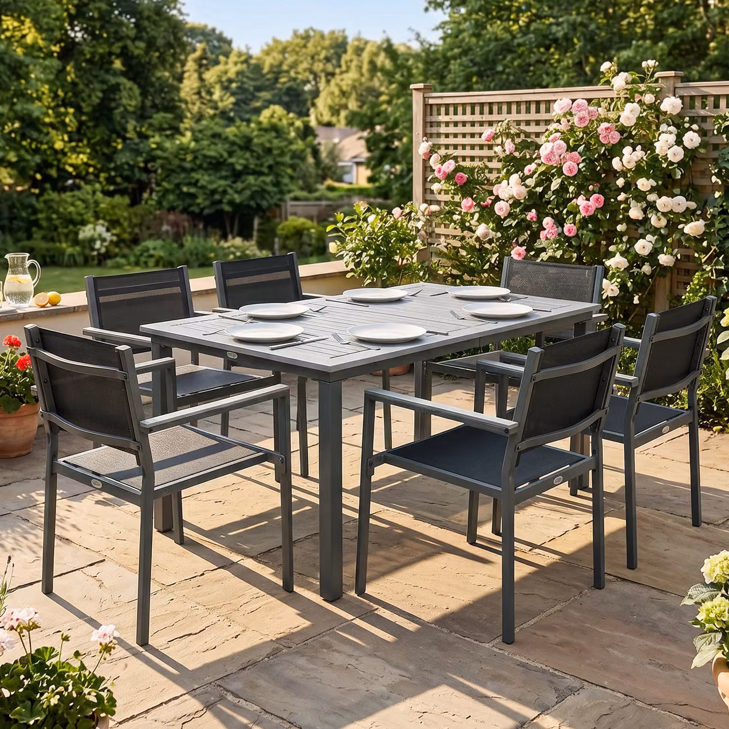 Outsunny Garden Dining Set with Acacia Wood Table and 6 Stackable Grey Texteline Chairs – 6