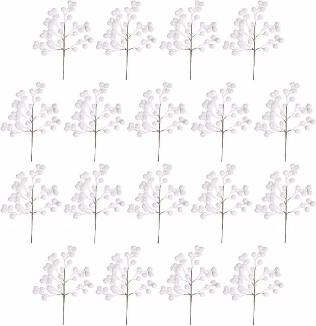 Shatchi 18 Pack Iridescent White Glitter Berry Picks for Christmas and Winter Decor, Height: 45 cm – 1