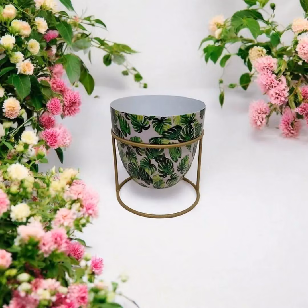 Minster Decorative Metal Planter with Freestanding Stand, Green and White, W/D/H: 13 x 13 x 13 cm – 2