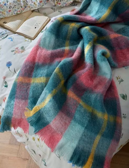 Bluebellgrey Fluffy Wool Blend Checked Throw in Pink Multicolour